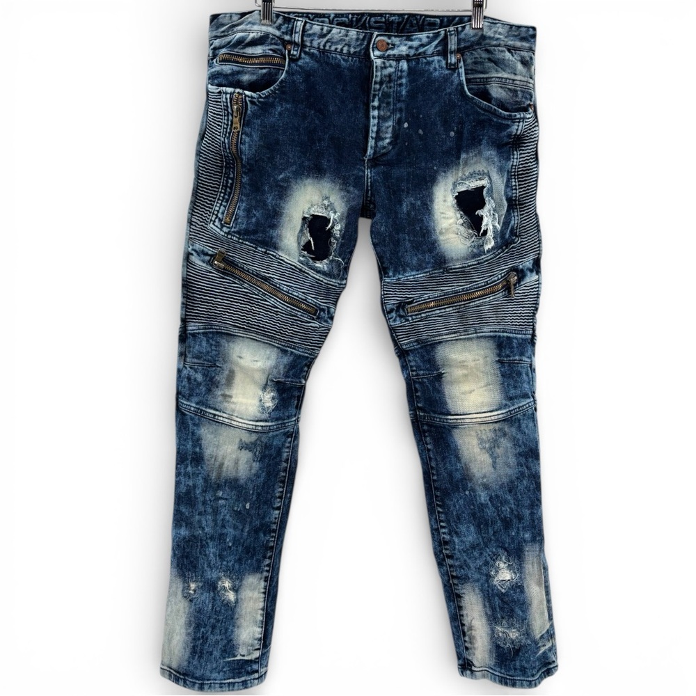 Rockstar Moto Jeans Men’s 38 Distressed Zipper Detail Acid Wash